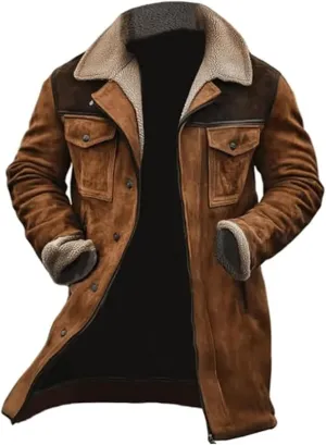 Men's Vintage Suede Jacket Plush Reversed Collar Coats Faux Leather Jacket Outdoor Zip Up Motorcycle Jacket Coats Retro Tops