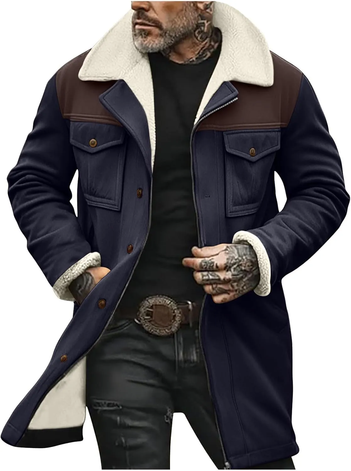 Mens Vintage Suede Pocket Plush Reversed Collar Outdoor Jacket Coat Retro Top Patchwork Suede Trench Coat Winter Biker Coats