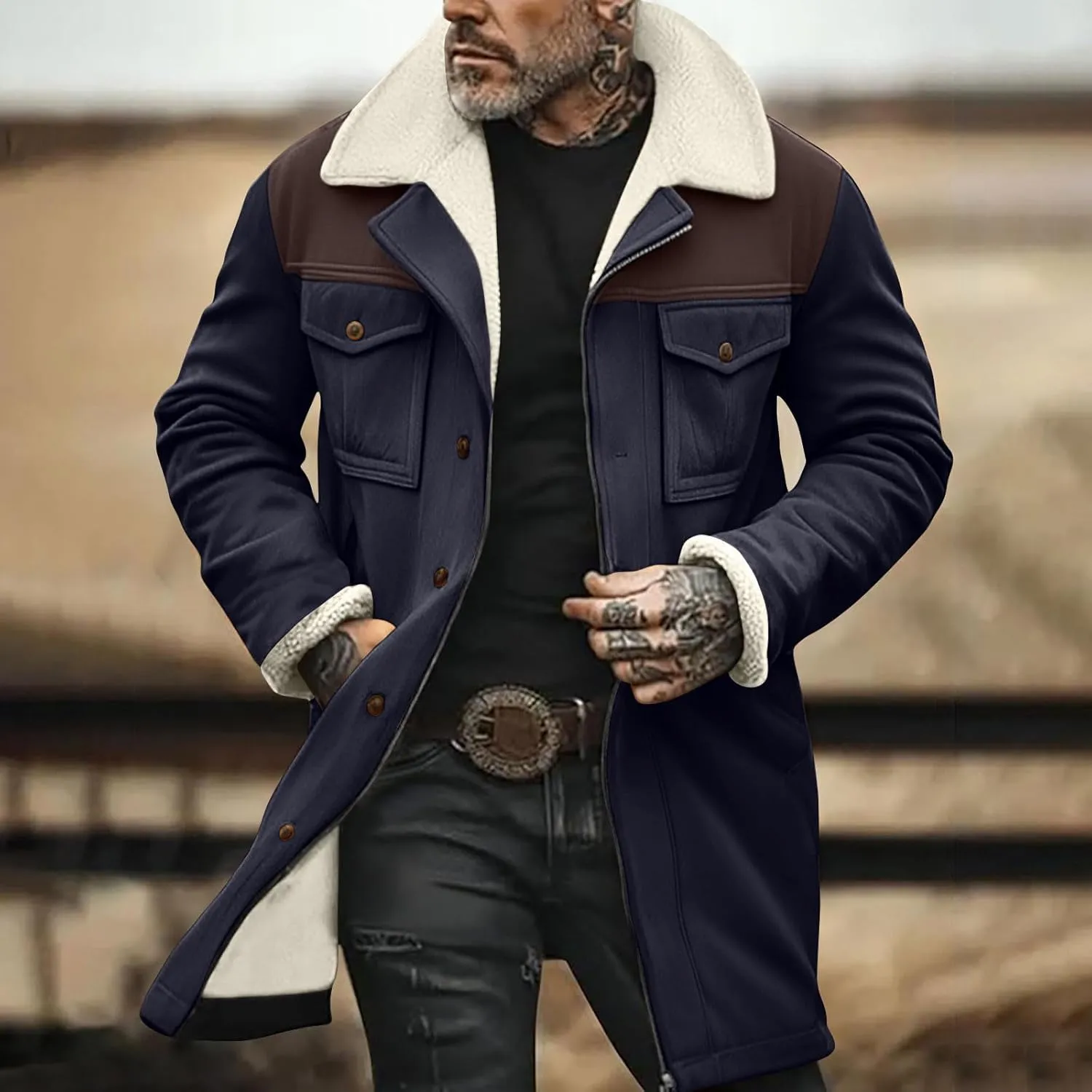 Mens Vintage Suede Pocket Plush Reversed Collar Outdoor Jacket Coat Retro Top Patchwork Suede Trench Coat Winter Biker Coats