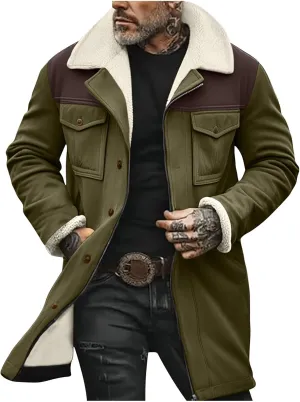 Mens Vintage Suede Pocket Plush Reversed Collar Outdoor Jacket Coat Retro Top Patchwork Suede Trench Coat Winter Biker Coats