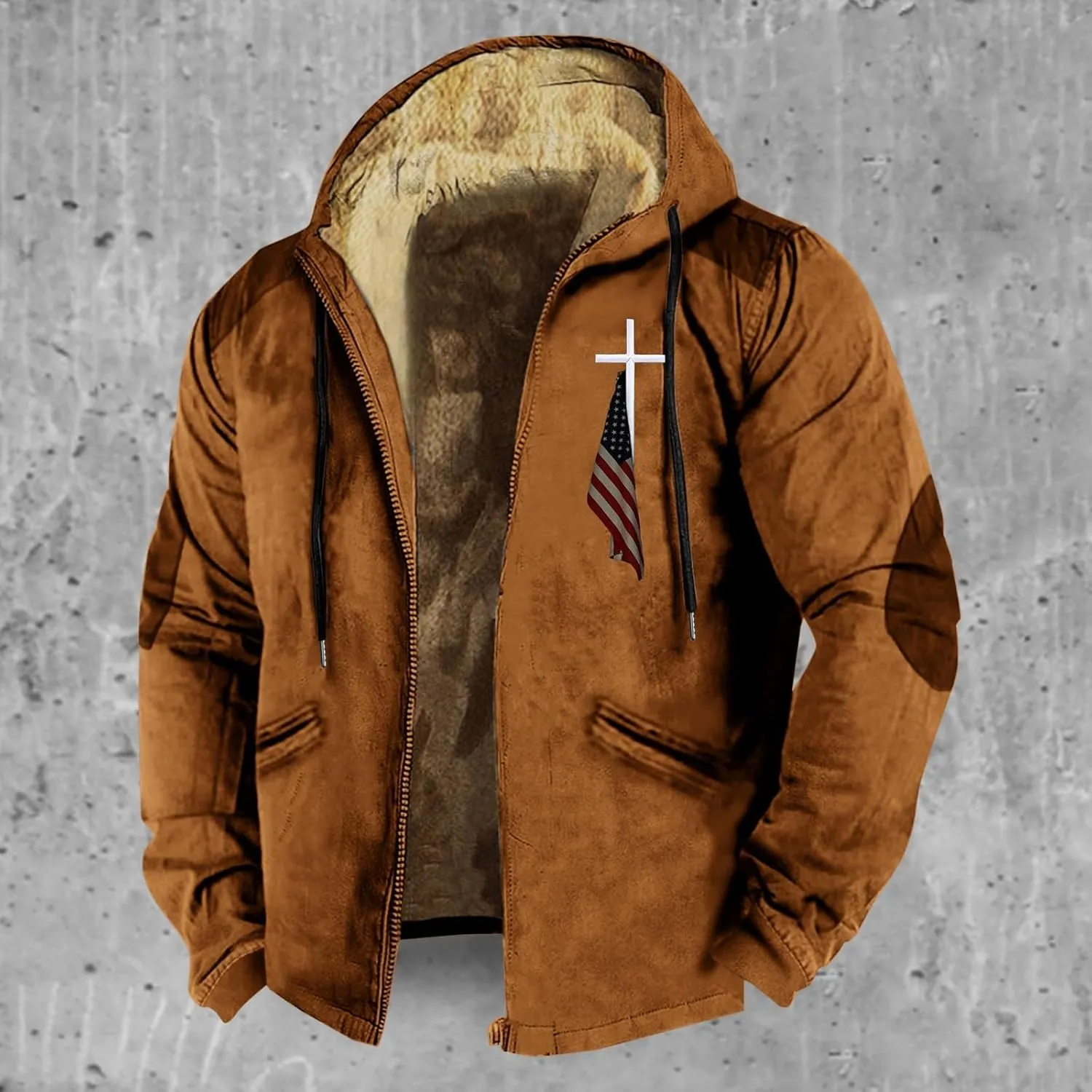 Mens Winter Jacket Printed Flag Hooded Brown Zipper Personalized Patch Casual Cotton Jacket Black Fleece