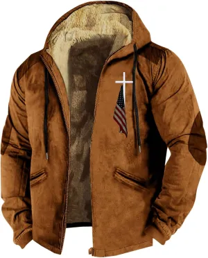 Mens Winter Jacket Printed Flag Hooded Brown Zipper Personalized Patch Casual Cotton Jacket Black Fleece