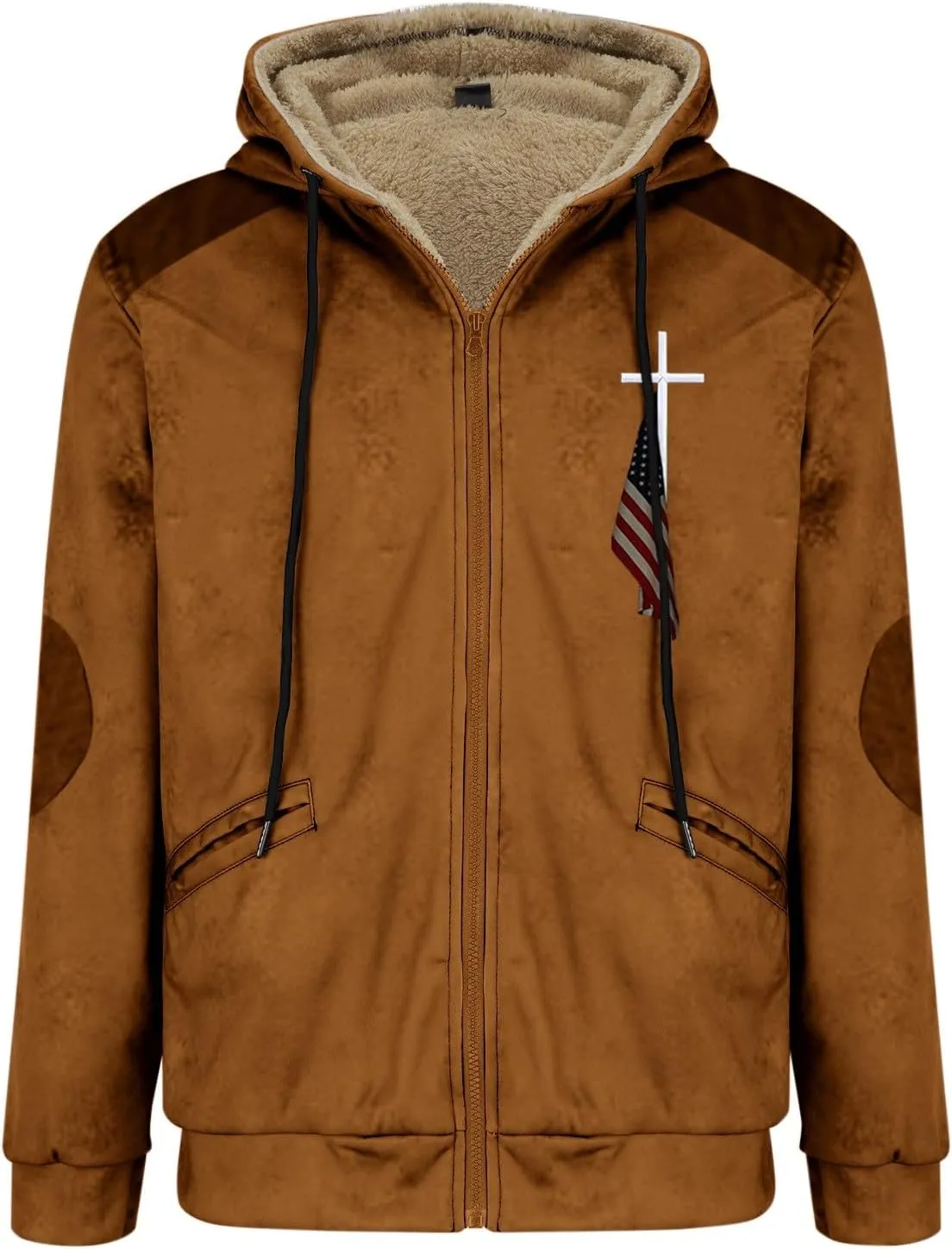 Mens Winter Jacket Printed Flag Hooded Brown Zipper Personalized Patch Casual Cotton Jacket Black Fleece