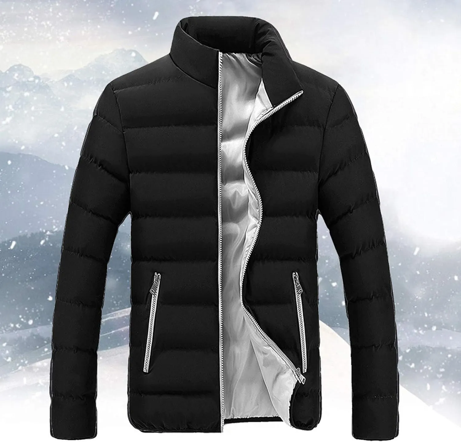 Mens Winter Jacket with Hood Quilted Puffer Down Jacket Full Zip Warm Thick Coats Cold Weather Work Outerwear