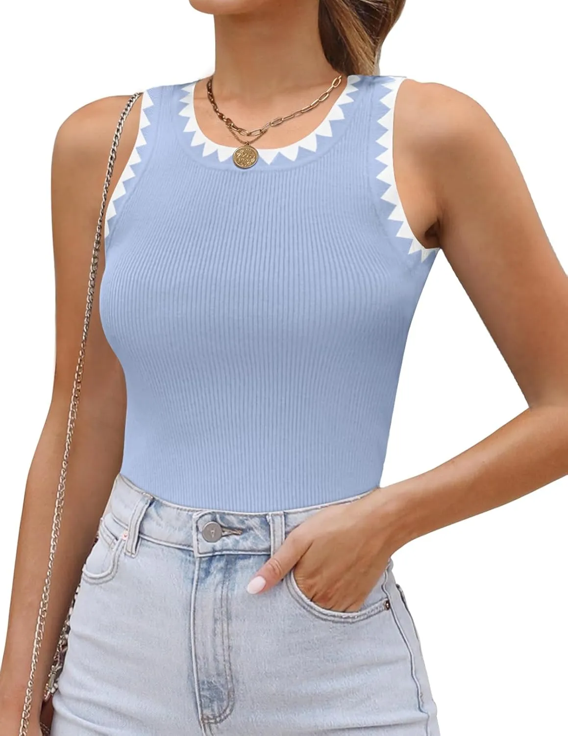 MEROKEETY Women's 2025 Summer Casual Sleeveless Tank Tops Spring Ribbed Knit Crewneck Racerback Fitted Basic Shirts