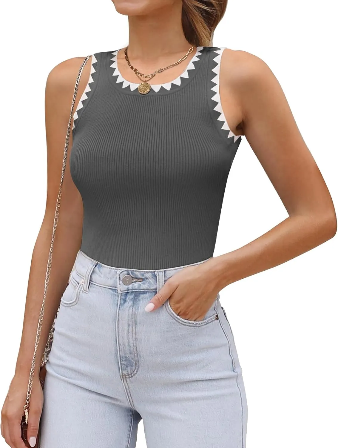 MEROKEETY Women's 2025 Summer Casual Sleeveless Tank Tops Spring Ribbed Knit Crewneck Racerback Fitted Basic Shirts