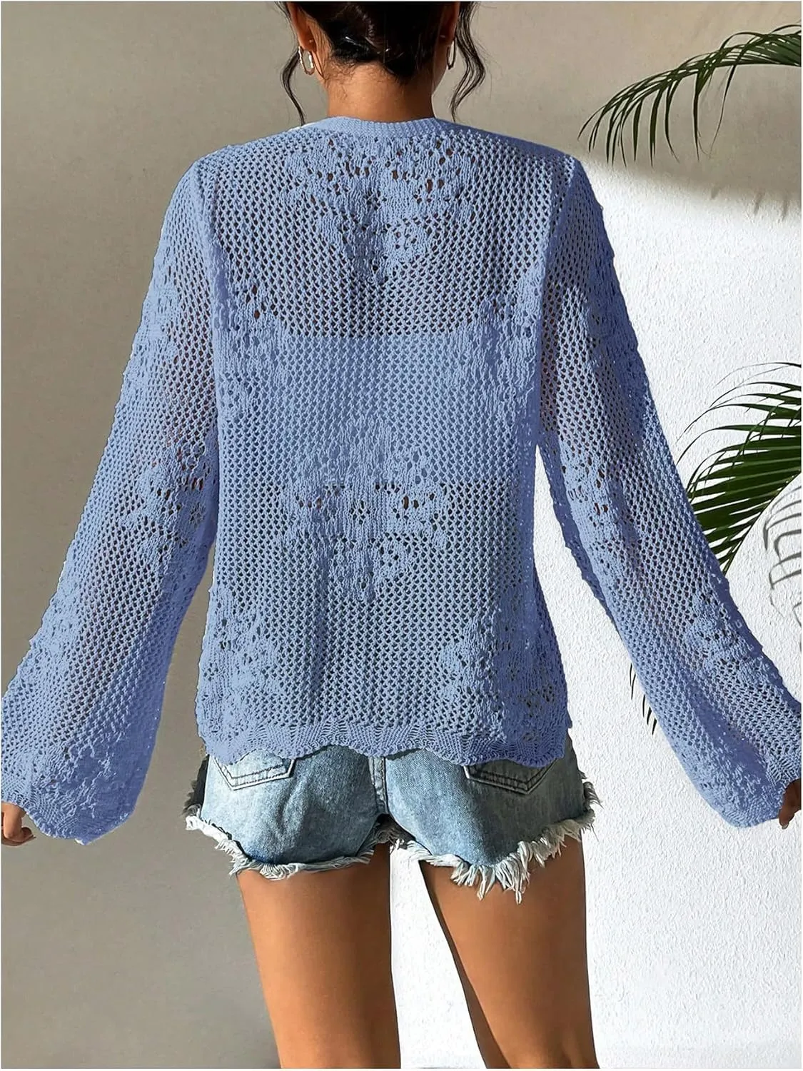 Milumia Women's Tie Front Hollow Out Crochet Light Weight Long Sleeve Cardigans