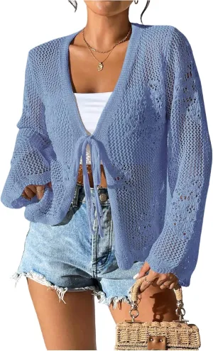 Milumia Women's Tie Front Hollow Out Crochet Light Weight Long Sleeve Cardigans