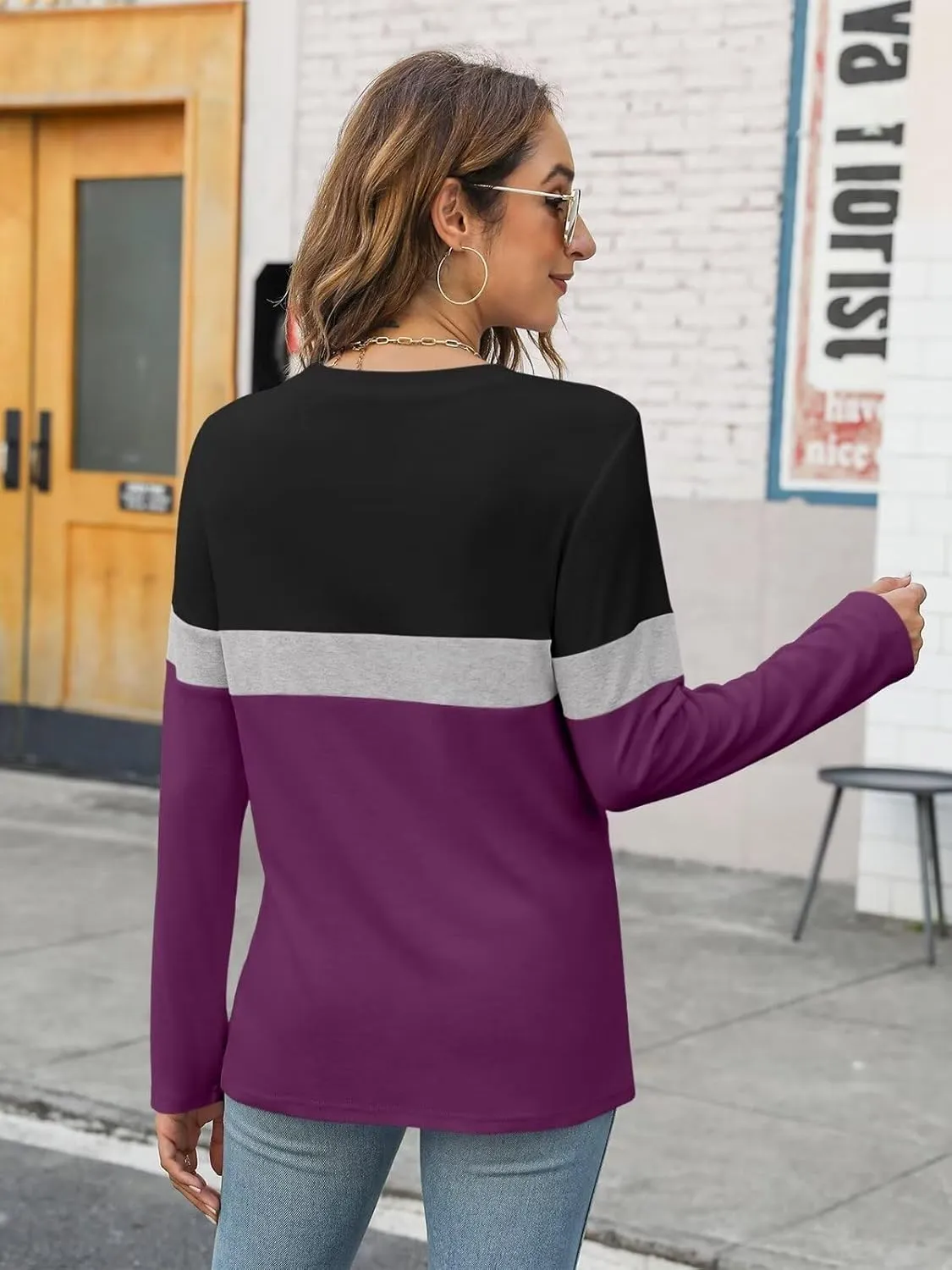 Minetom Women's Color Block Tunic Tops Casual Long Sleeve Shirts Round Neck Pullover