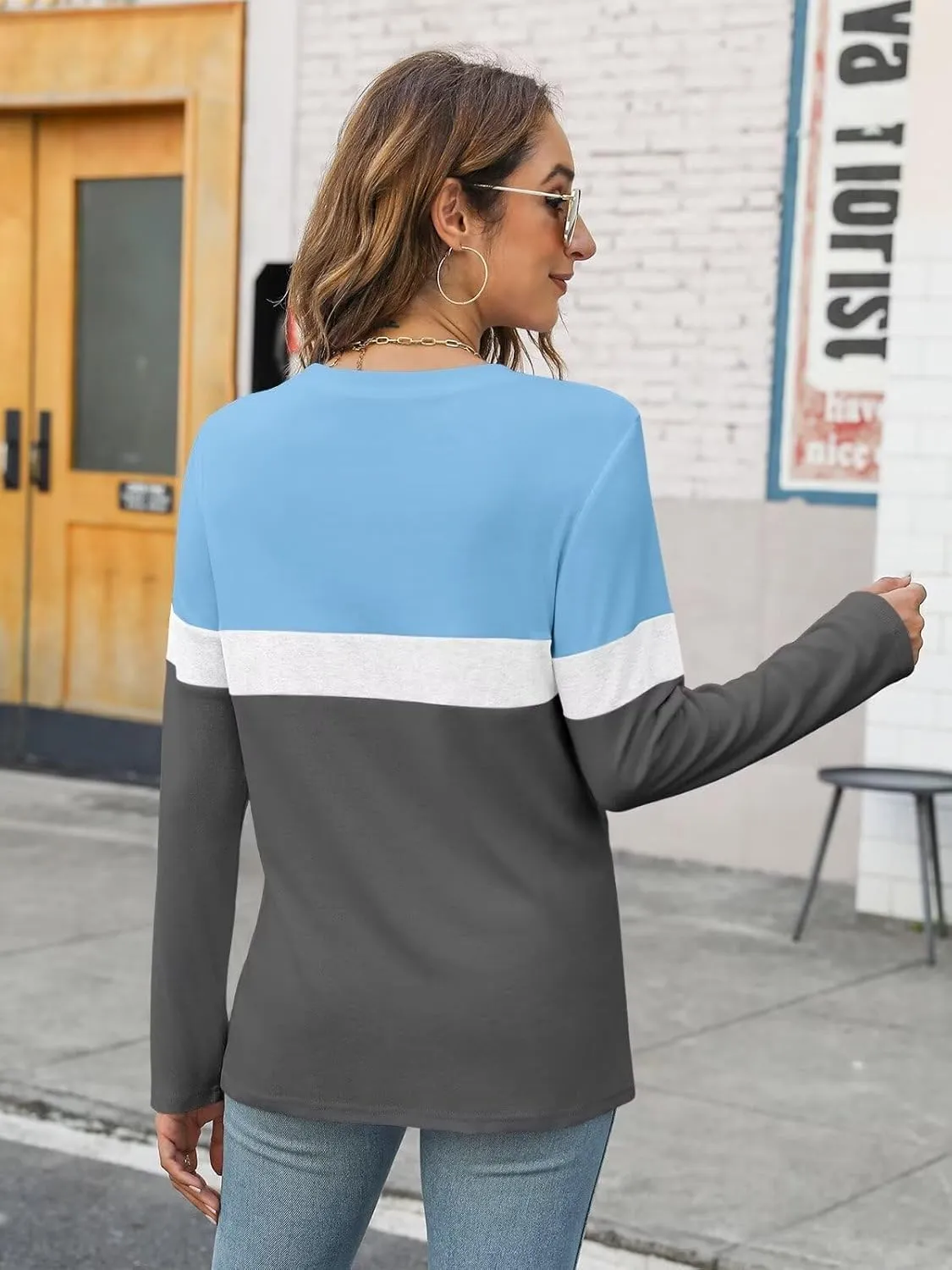 Minetom Women's Color Block Tunic Tops Casual Long Sleeve Shirts Round Neck Pullover