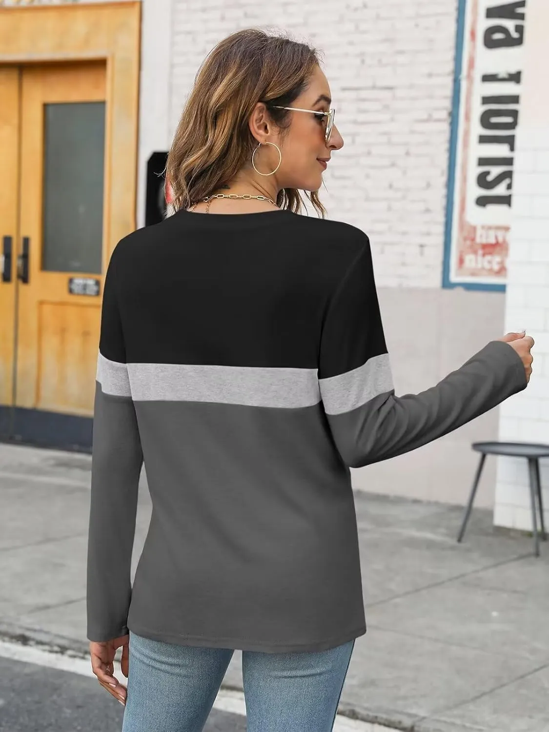 Minetom Women's Color Block Tunic Tops Casual Long Sleeve Shirts Round Neck Pullover