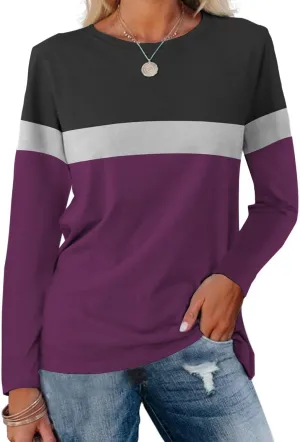 Minetom Women's Color Block Tunic Tops Casual Long Sleeve Shirts Round Neck Pullover