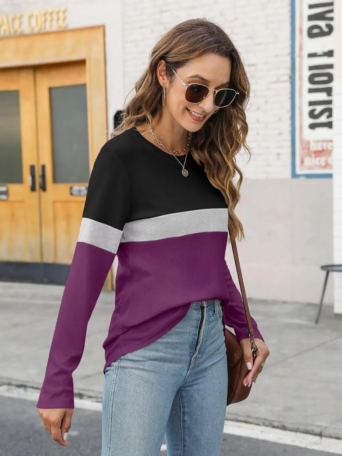 Minetom Women's Color Block Tunic Tops Casual Long Sleeve Shirts Round Neck Pullover