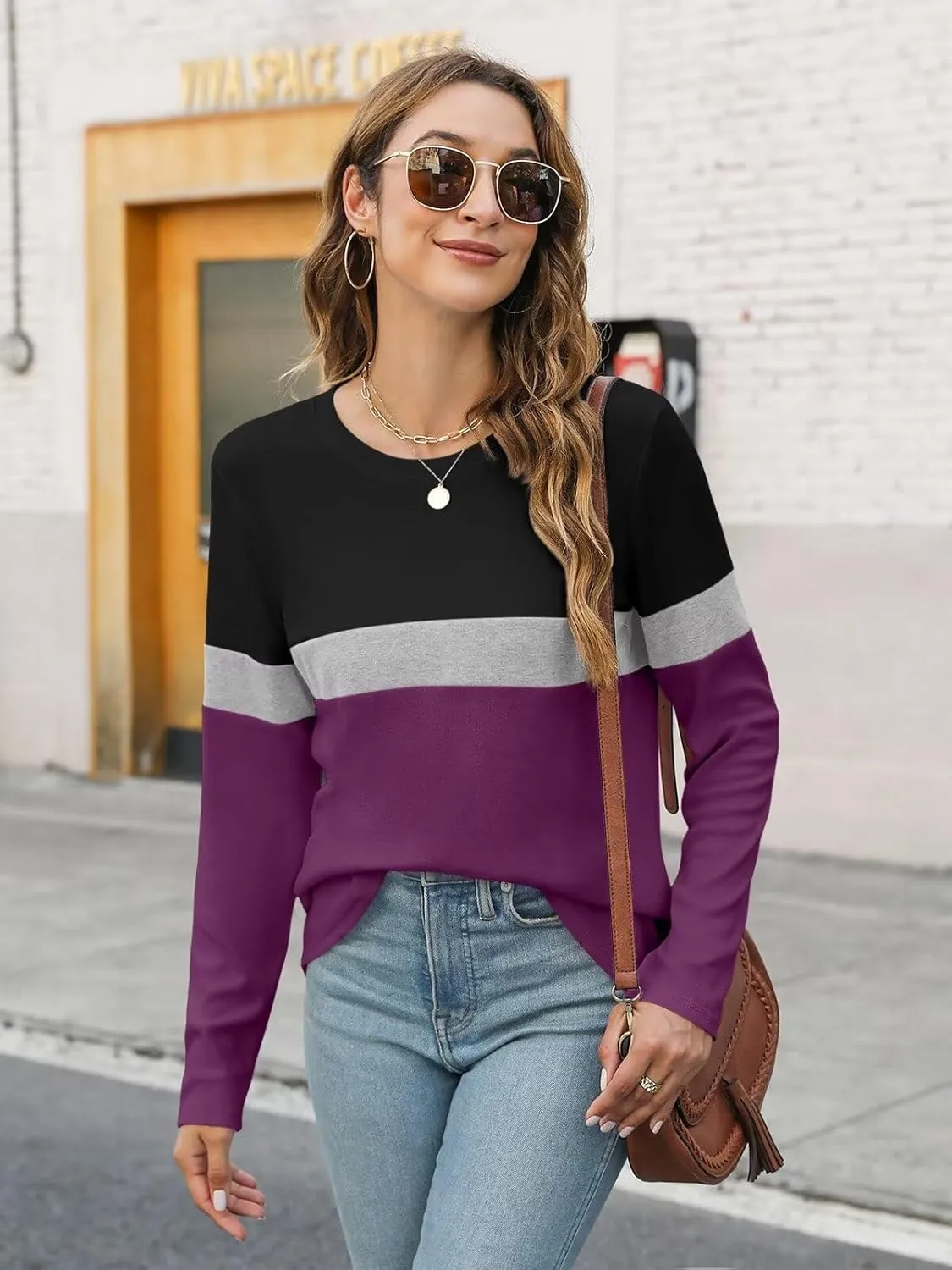 Minetom Women's Color Block Tunic Tops Casual Long Sleeve Shirts Round Neck Pullover