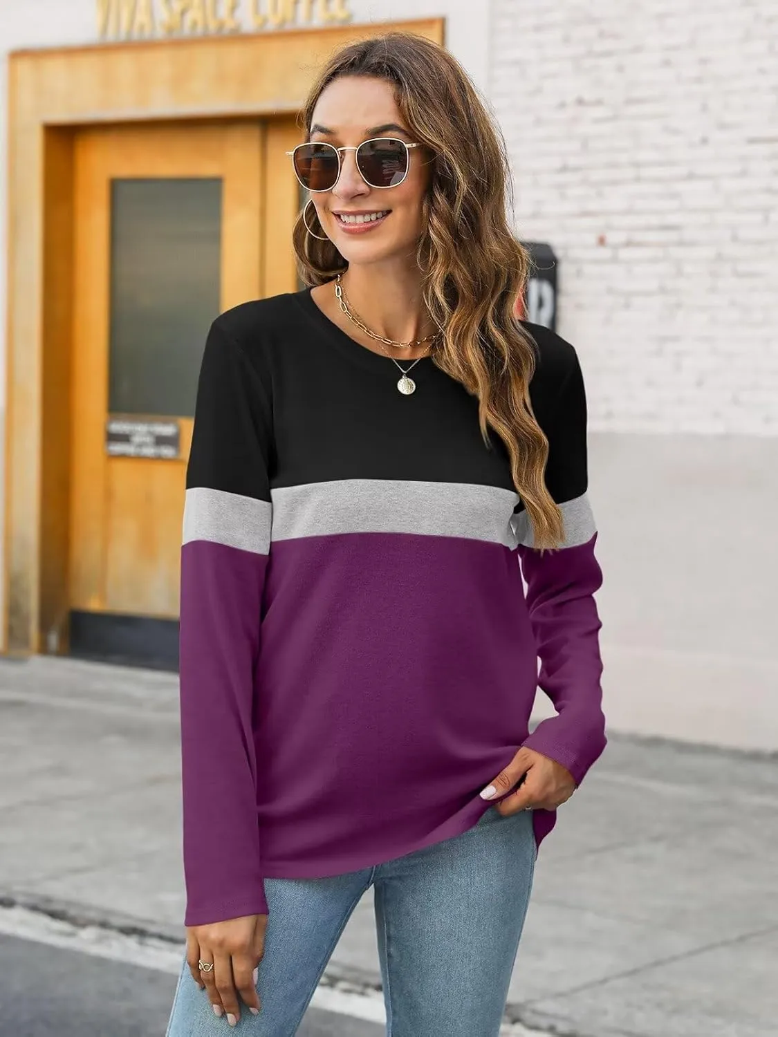 Minetom Women's Color Block Tunic Tops Casual Long Sleeve Shirts Round Neck Pullover