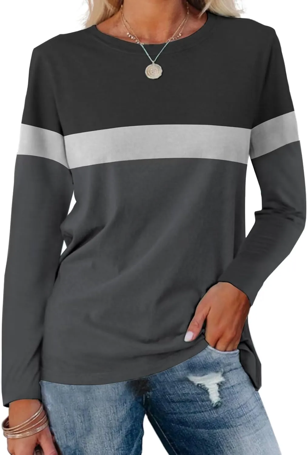 Minetom Women's Color Block Tunic Tops Casual Long Sleeve Shirts Round Neck Pullover