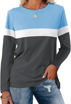 Minetom Women's Color Block Tunic Tops Casual Long Sleeve Shirts Round Neck Pullover