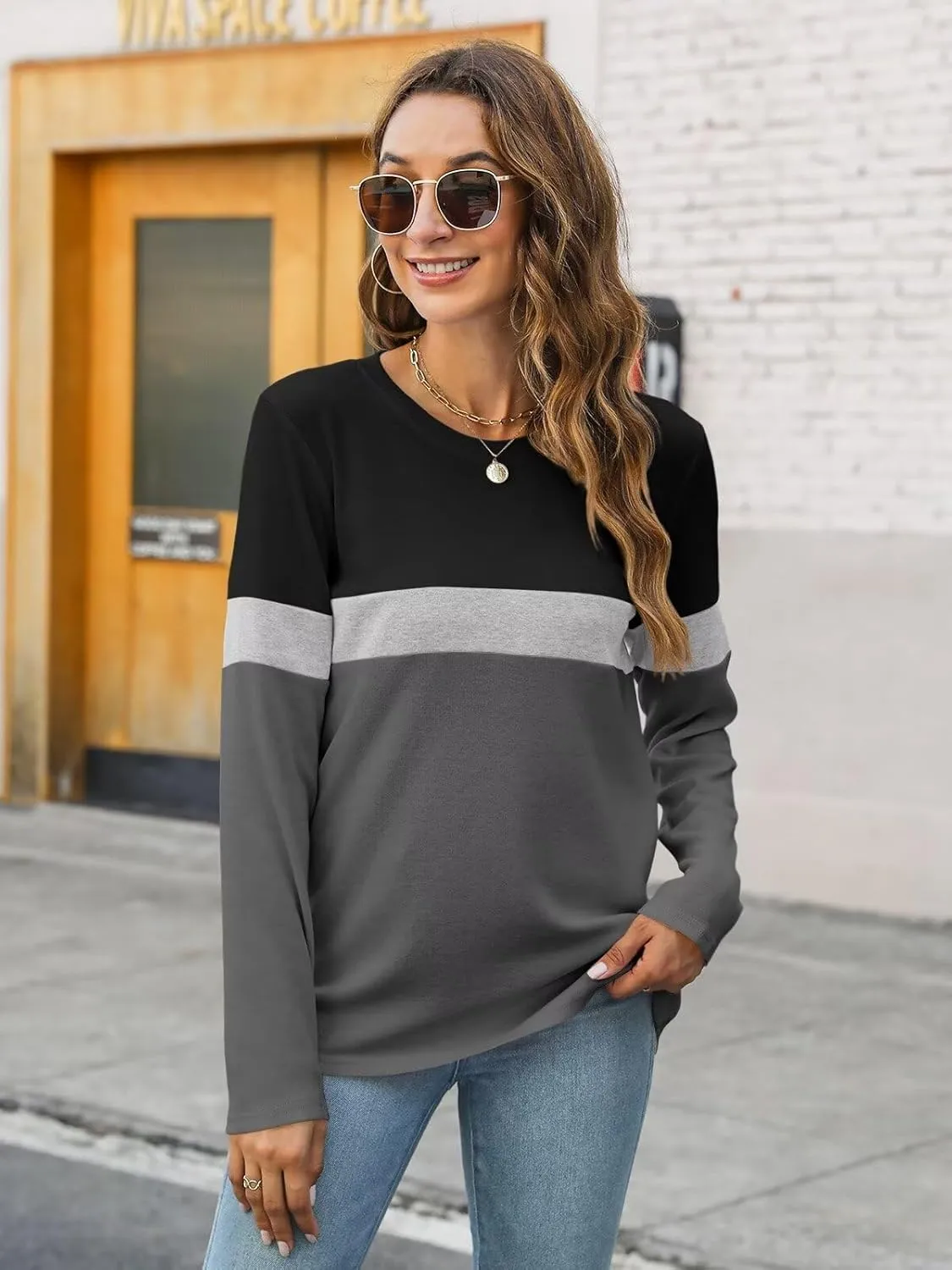 Minetom Women's Color Block Tunic Tops Casual Long Sleeve Shirts Round Neck Pullover