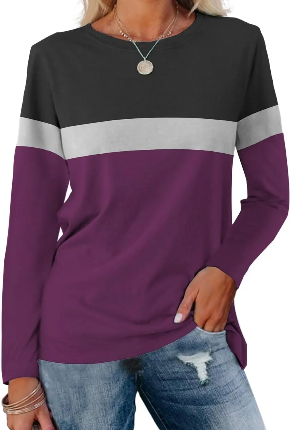 Minetom Women's Color Block Tunic Tops Casual Long Sleeve Shirts Round Neck Pullover