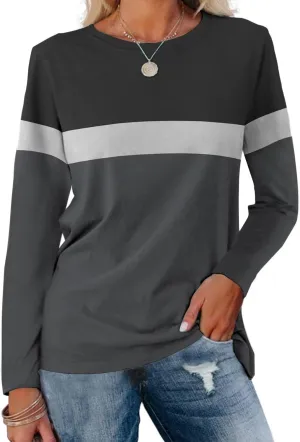Minetom Women's Color Block Tunic Tops Casual Long Sleeve Shirts Round Neck Pullover