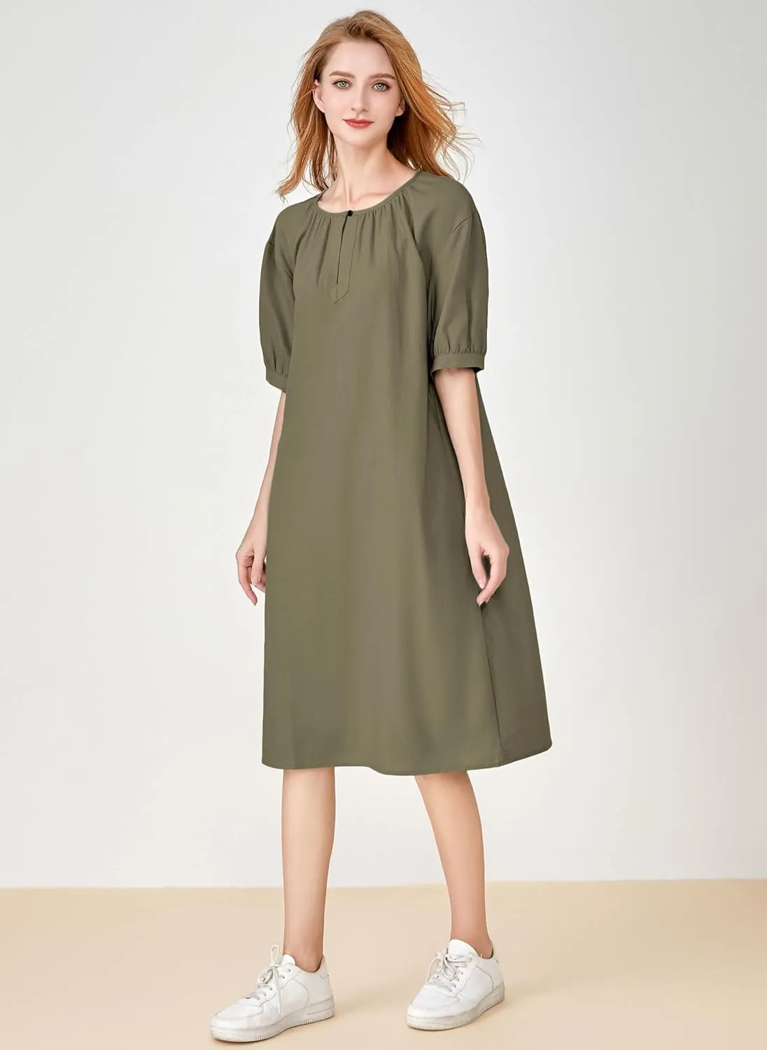 Minibee Women's Cotton Linen Dress Short Sleeve Midi Casual Plus Size Tunic Dress with Pockets