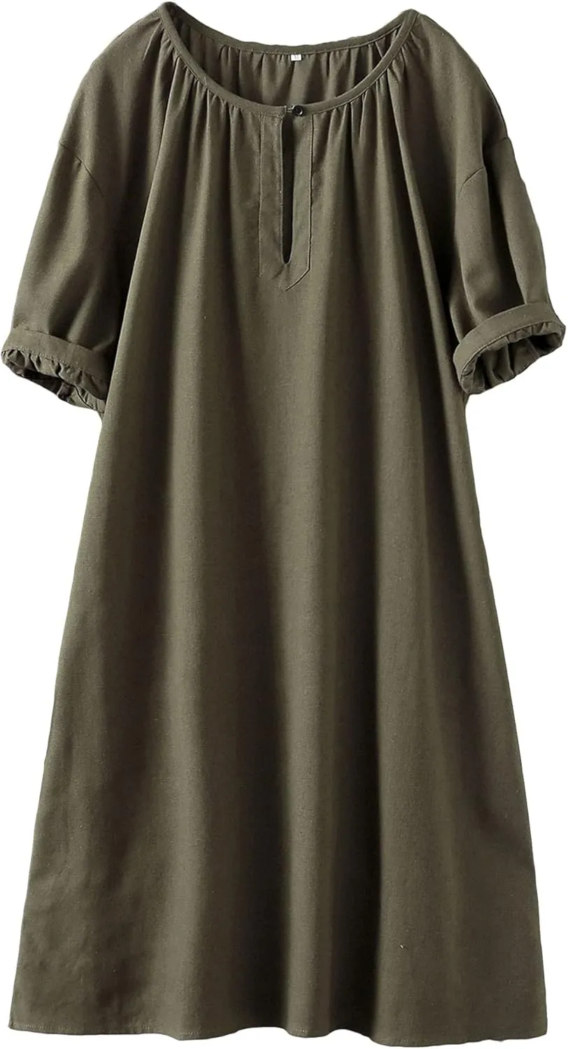 Minibee Women's Cotton Linen Dress Short Sleeve Midi Casual Plus Size Tunic Dress with Pockets