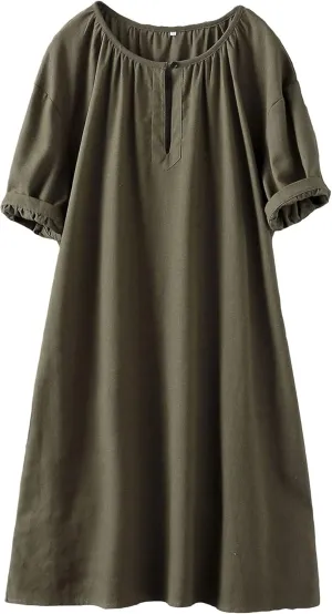 Minibee Women's Cotton Linen Dress Short Sleeve Midi Casual Plus Size Tunic Dress with Pockets