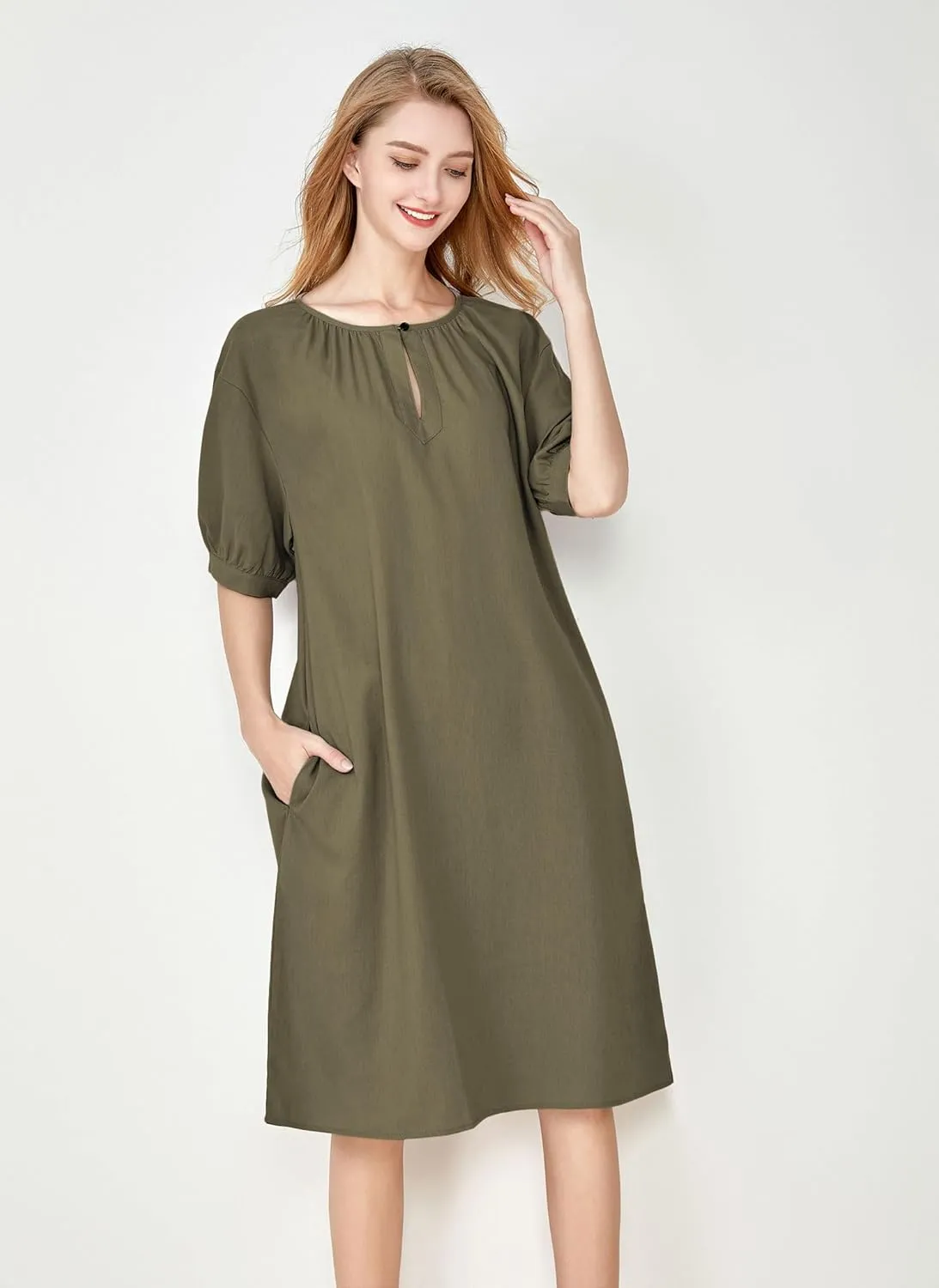 Minibee Women's Cotton Linen Dress Short Sleeve Midi Casual Plus Size Tunic Dress with Pockets