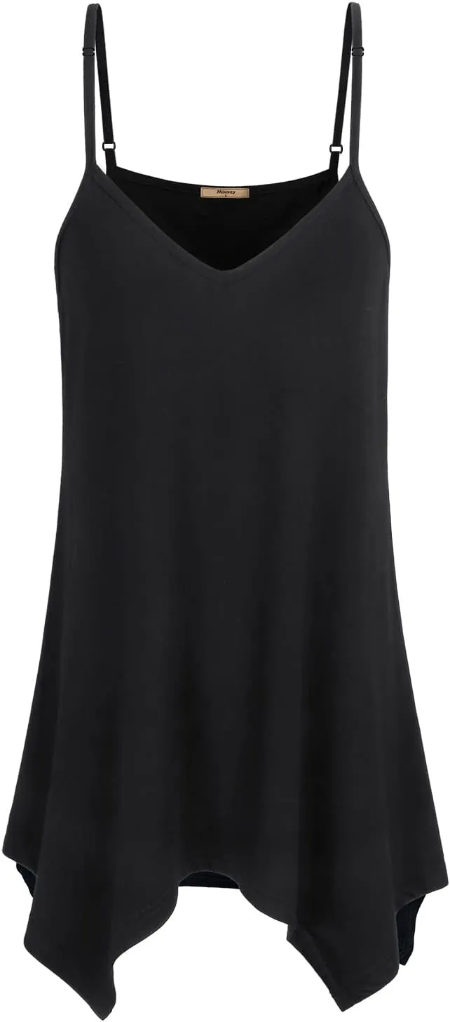 Miusey Womens Handkerchief Hem Sleeveless Flowy Tunic Tops Summer Casual Adjustable Spaghetti Strap Camisoles Long Tank Tops