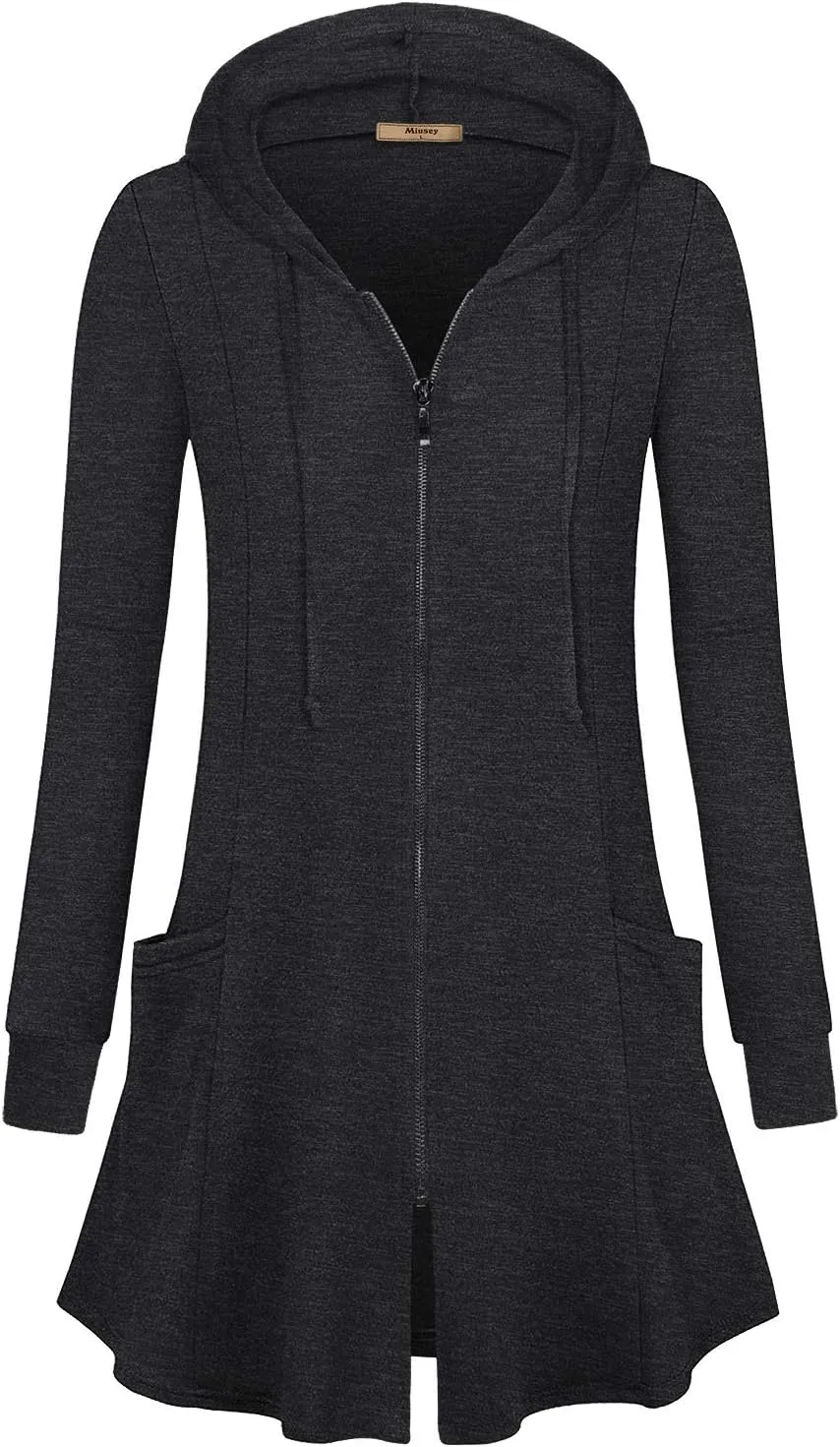 Miusey Womens Zip Up Long Hoodie Jacket Lightweight Tunic Sweatshirt Open Front Cardigan