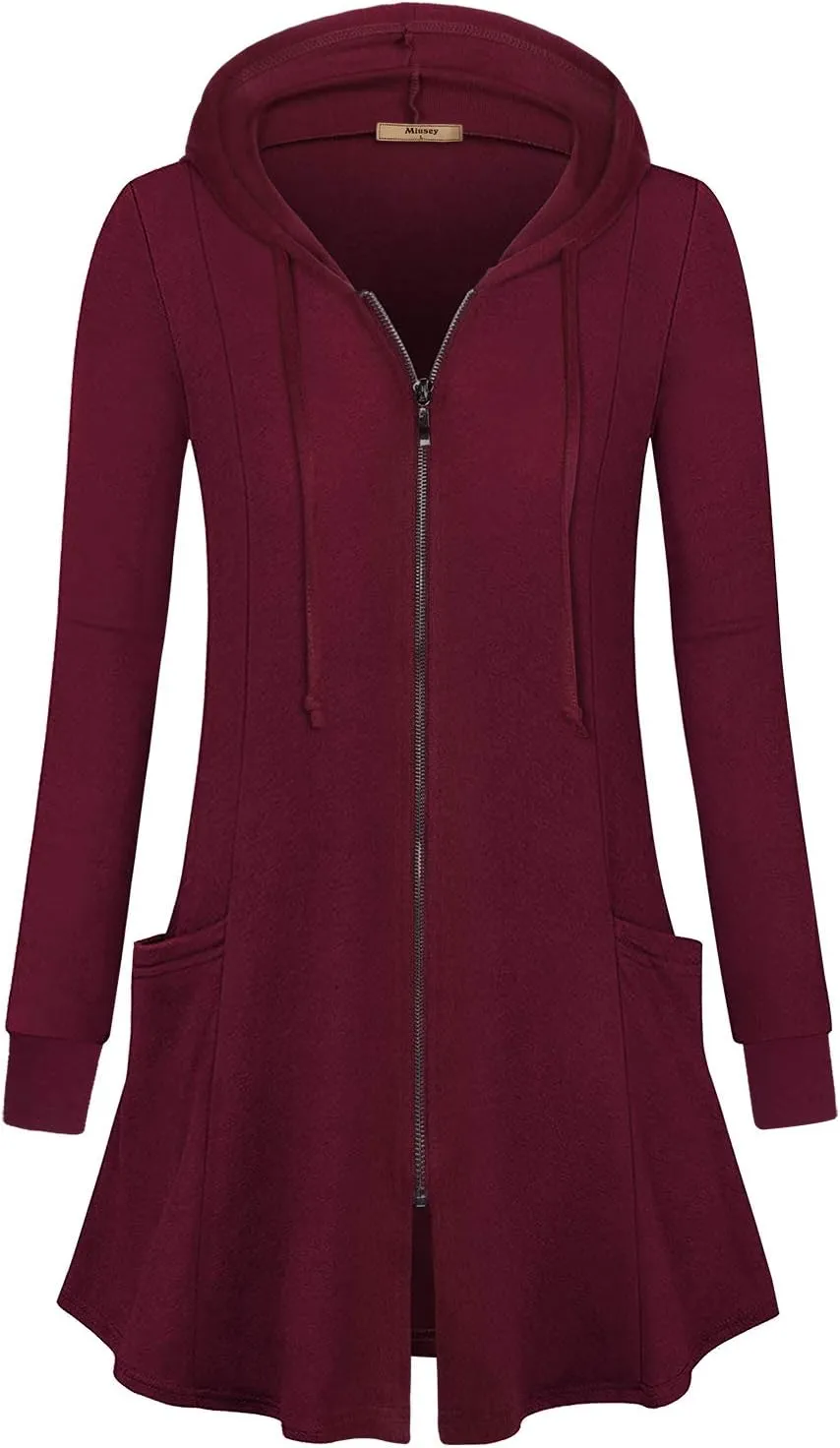 Miusey Womens Zip Up Long Hoodie Jacket Lightweight Tunic Sweatshirt Open Front Cardigan
