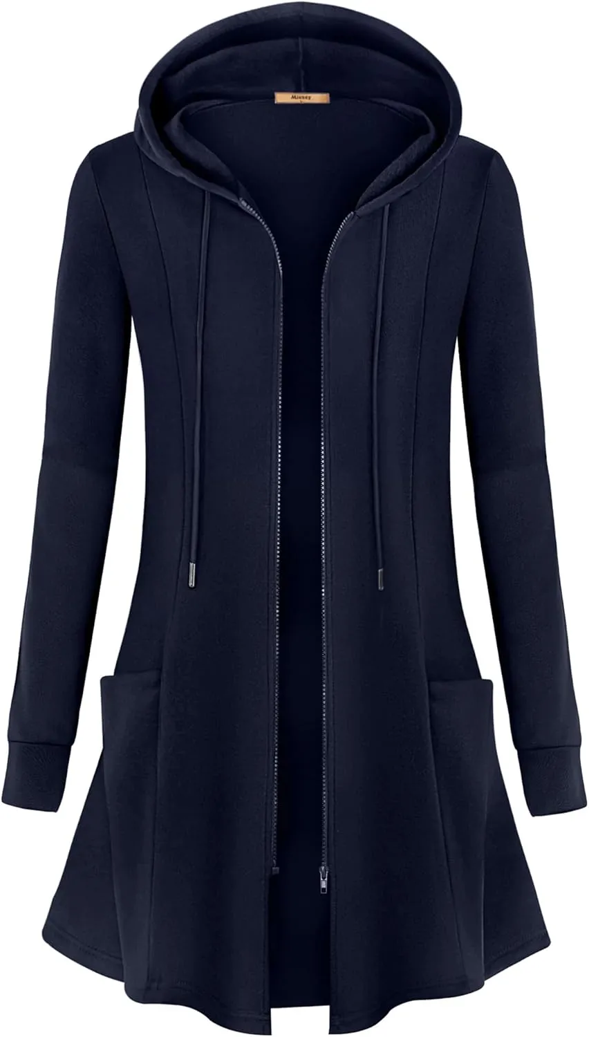 Miusey Womens Zip Up Long Hoodie Jacket Lightweight Tunic Sweatshirt Open Front Cardigan