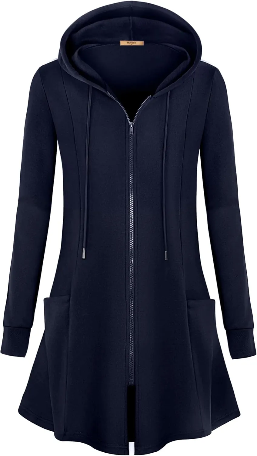 Miusey Womens Zip Up Long Hoodie Jacket Lightweight Tunic Sweatshirt Open Front Cardigan