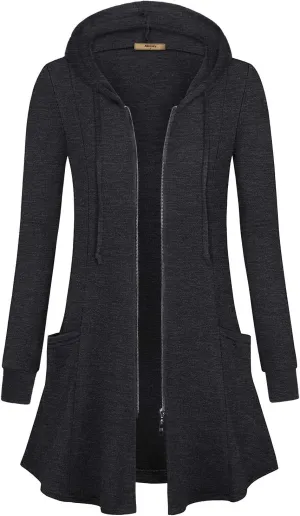 Miusey Womens Zip Up Long Hoodie Jacket Lightweight Tunic Sweatshirt Open Front Cardigan