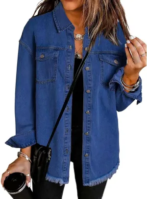 Mmoneyake Oversized Jean Jacket for Women Button Down Long Sleeve Shirt Shacket Boyfriend Denim Jacket Coats with Frayed Hem