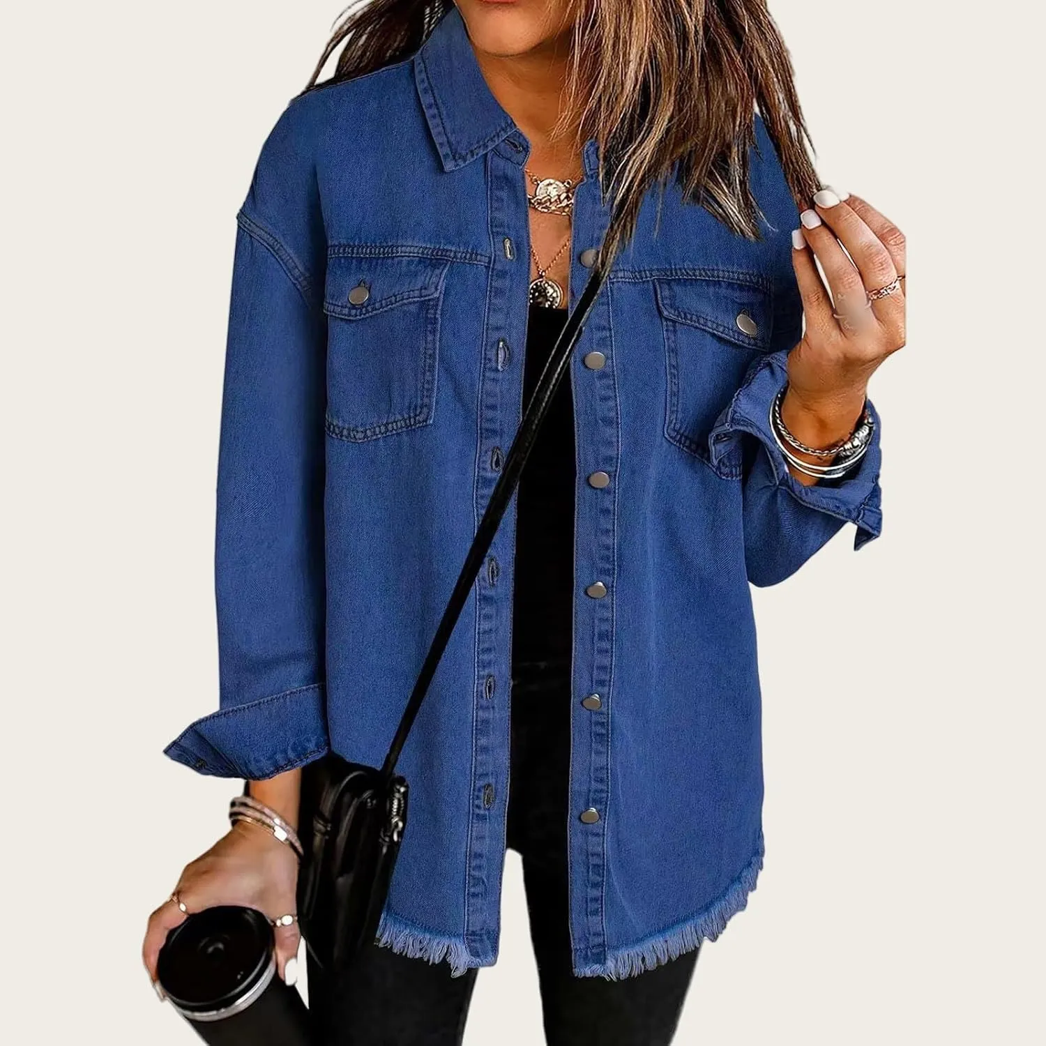 Mmoneyake Oversized Jean Jacket for Women Button Down Long Sleeve Shirt Shacket Boyfriend Denim Jacket Coats with Frayed Hem