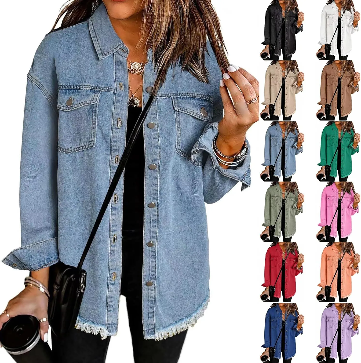 Mmoneyake Oversized Jean Jacket for Women Button Down Long Sleeve Shirt Shacket Boyfriend Denim Jacket Coats with Frayed Hem