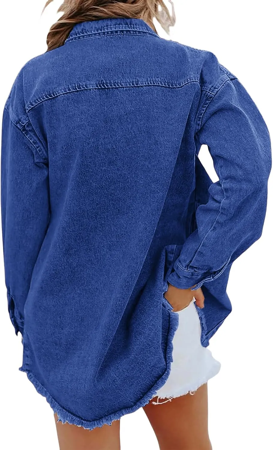 Mmoneyake Oversized Jean Jacket for Women Button Down Long Sleeve Shirt Shacket Boyfriend Denim Jacket Coats with Frayed Hem