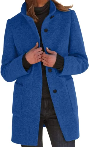Mmoneyake Pea Coats for Women Single Breasted Stand Collar Casual Trench Coat Warm Winter Coats Wool Blazer Jacket Overcoat