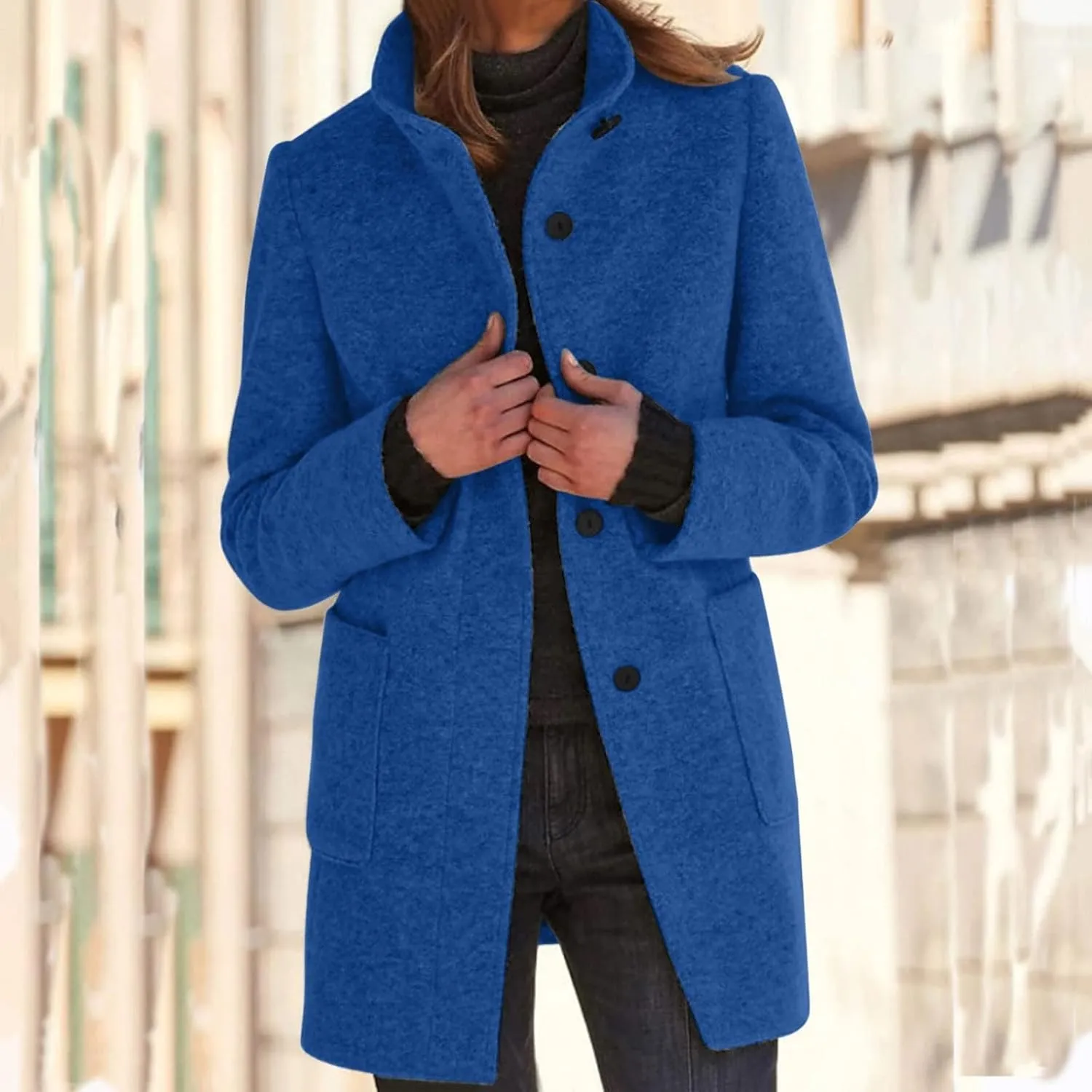Mmoneyake Pea Coats for Women Single Breasted Stand Collar Casual Trench Coat Warm Winter Coats Wool Blazer Jacket Overcoat
