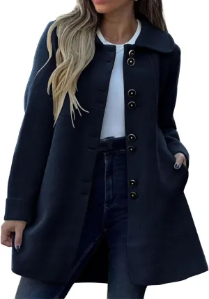 Mmoneyake Womens Pea Coat Elegant Single Breasted Trench Coat Classic Wool Blend Overcoat Warm Winter Dress Coat Plus Size