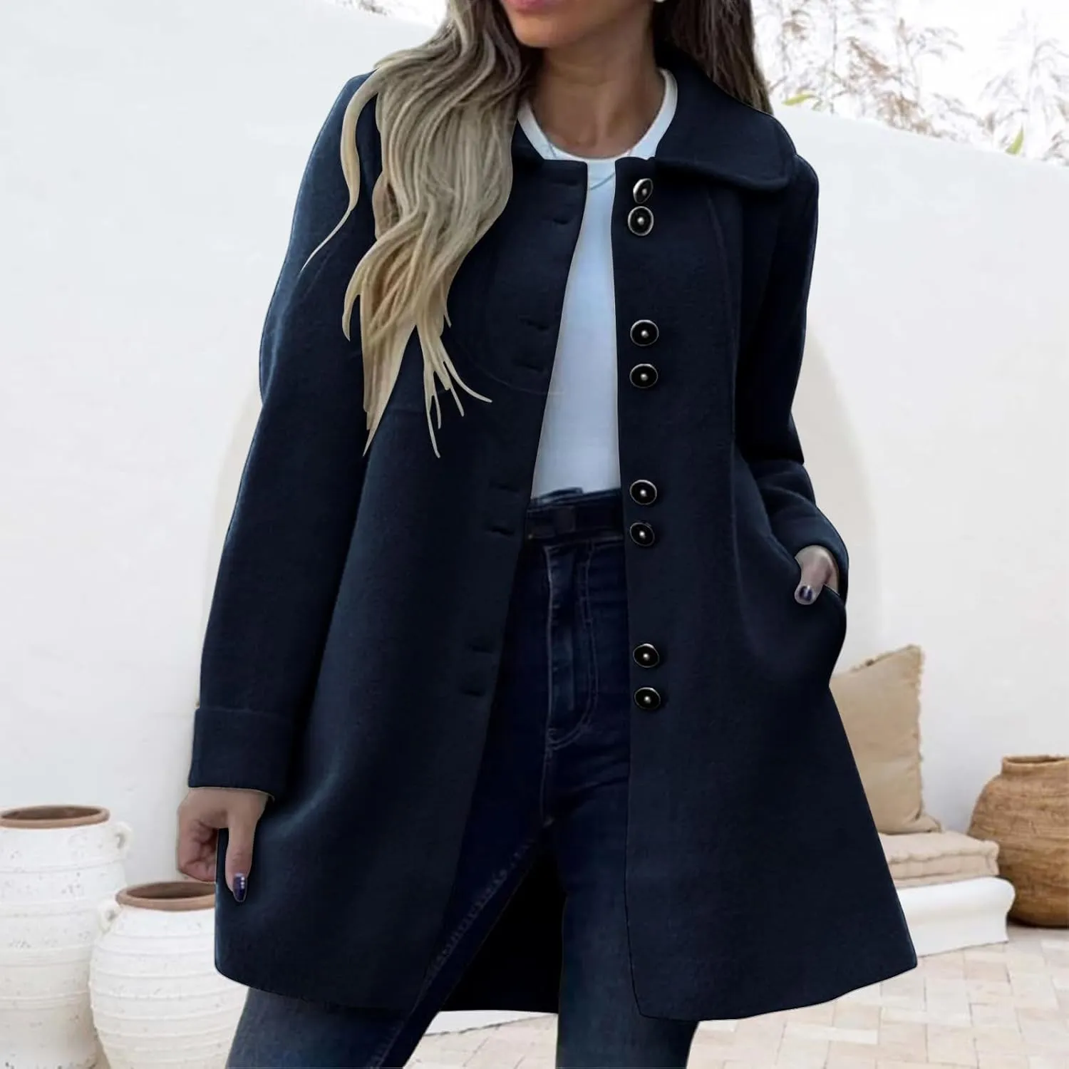 Mmoneyake Womens Pea Coat Elegant Single Breasted Trench Coat Classic Wool Blend Overcoat Warm Winter Dress Coat Plus Size