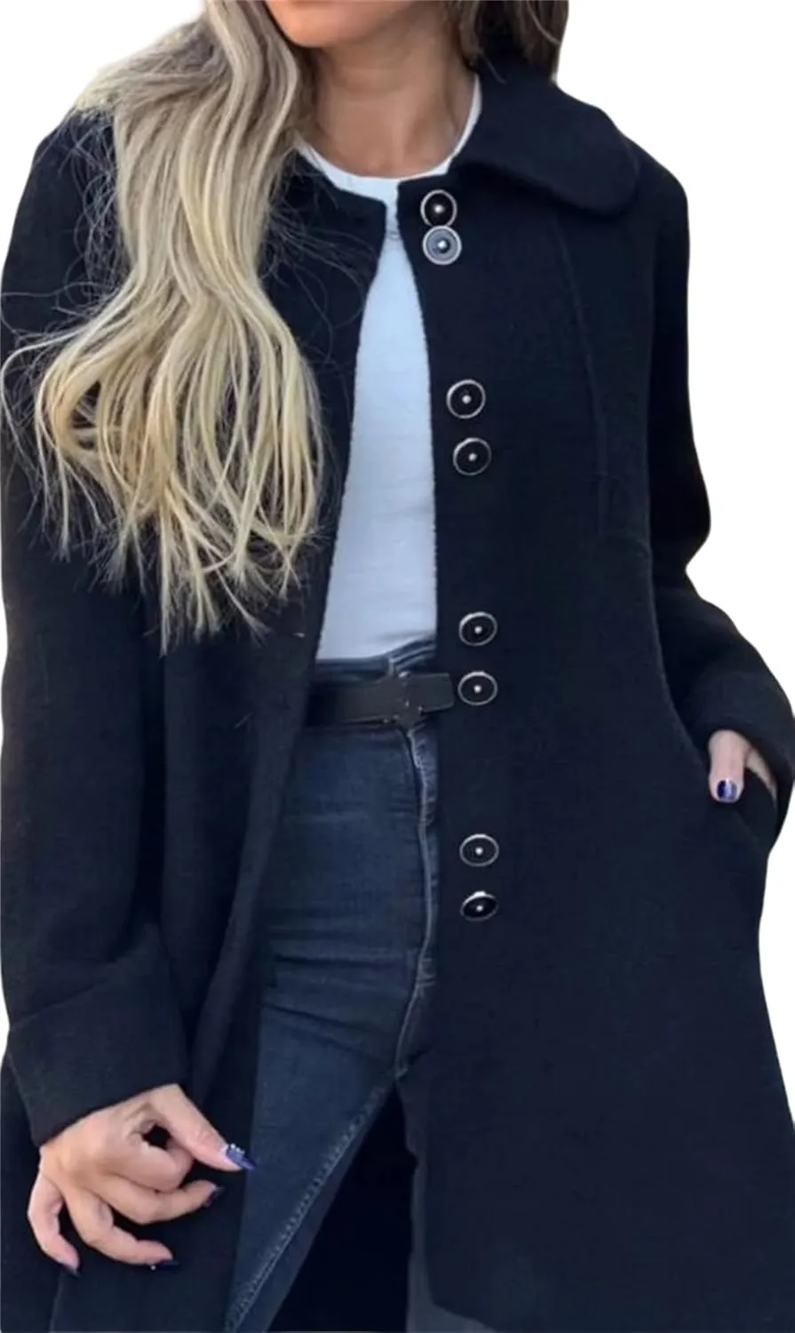 Mmoneyake Womens Pea Coat Elegant Single Breasted Trench Coat Classic Wool Blend Overcoat Warm Winter Dress Coat Plus Size