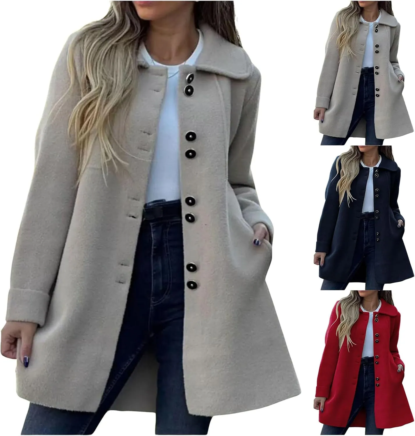 Mmoneyake Womens Pea Coat Elegant Single Breasted Trench Coat Classic Wool Blend Overcoat Warm Winter Dress Coat Plus Size