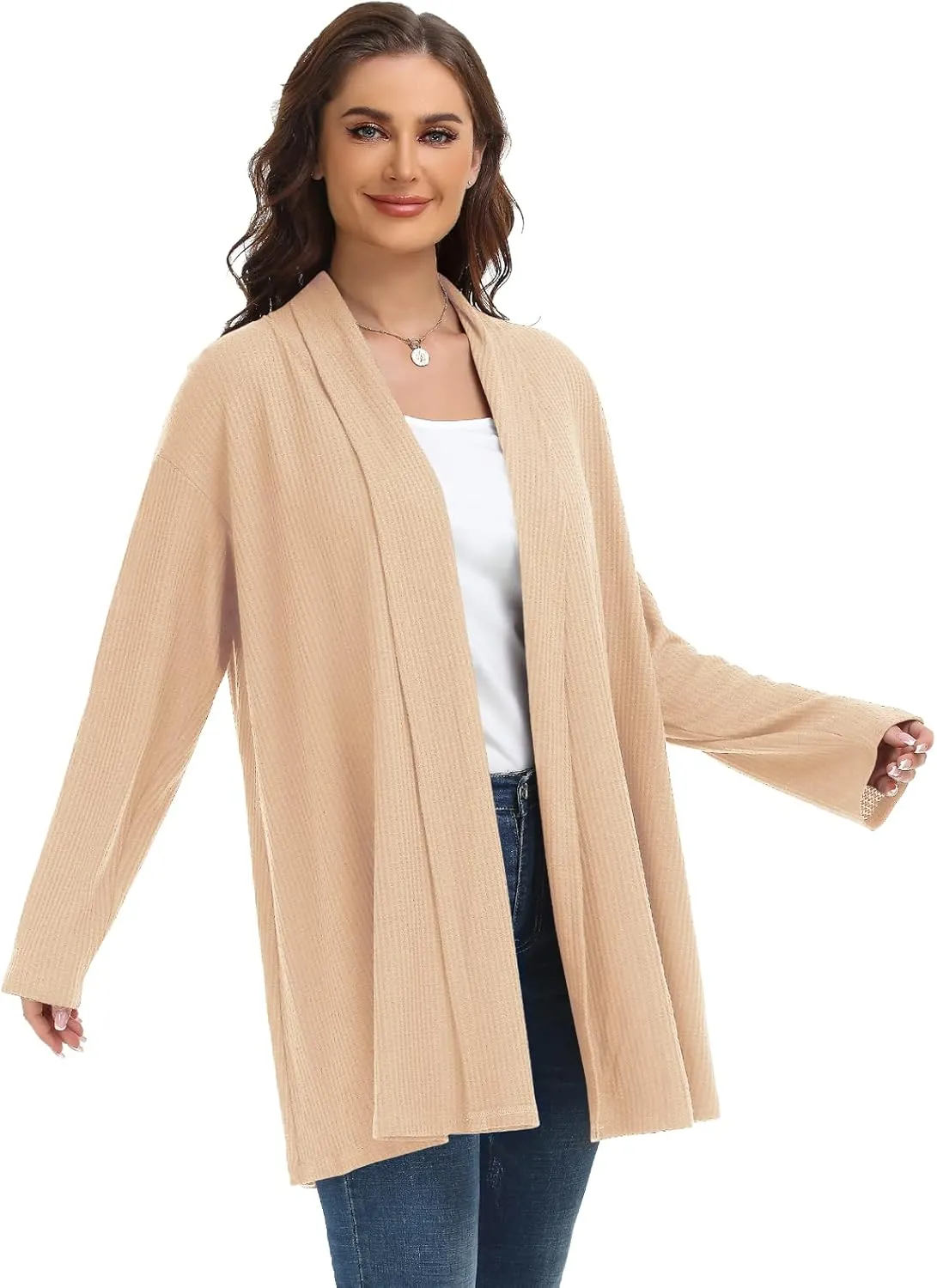 MONNURO Plus Size Cardigan for Women Open Front Casual Lightweight Long Sleeve Waffle Knit Cardigan for Fall