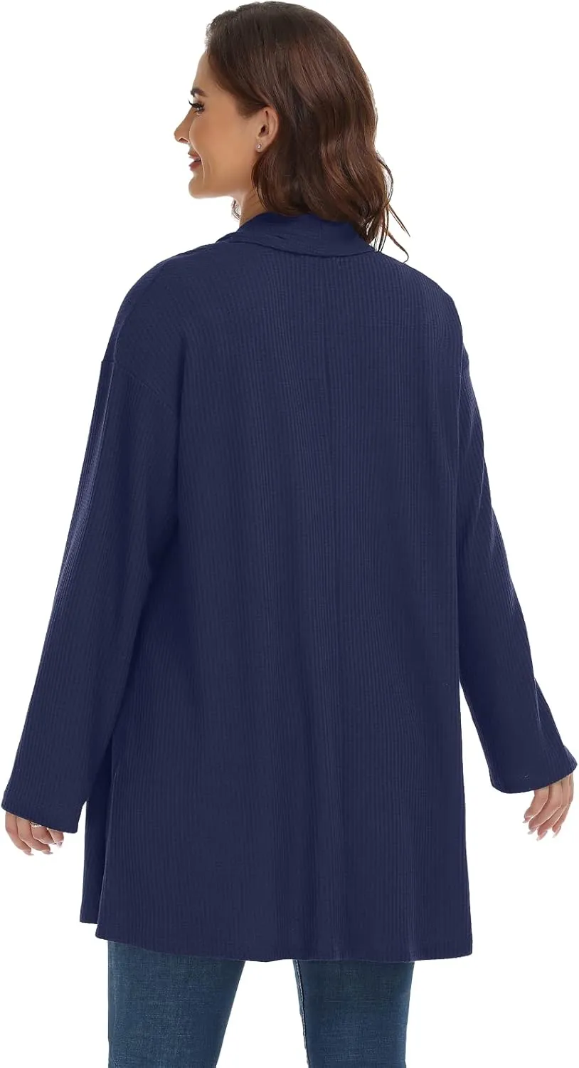 MONNURO Plus Size Cardigan for Women Open Front Casual Lightweight Long Sleeve Waffle Knit Cardigan for Fall
