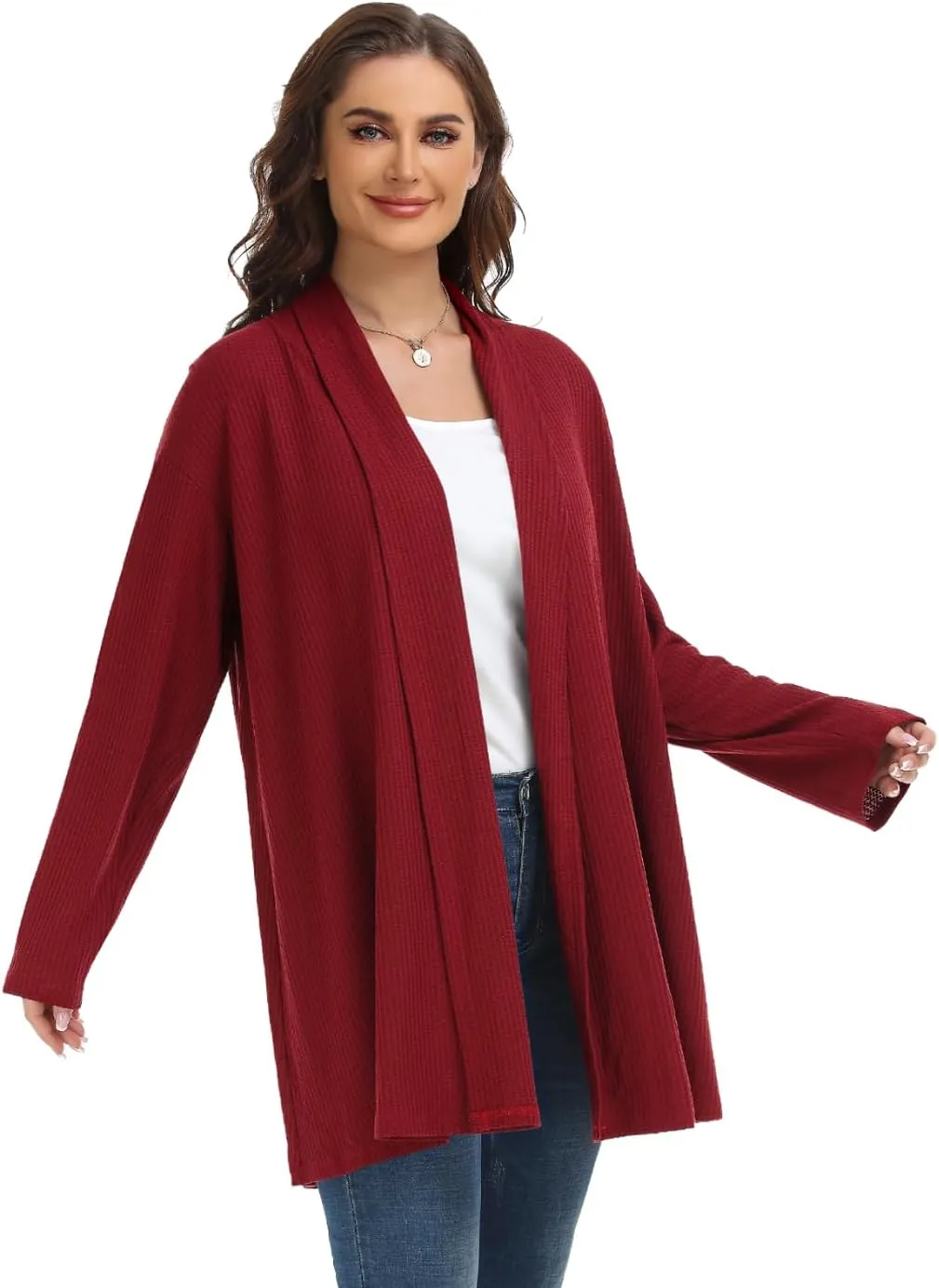 MONNURO Plus Size Cardigan for Women Open Front Casual Lightweight Long Sleeve Waffle Knit Cardigan for Fall