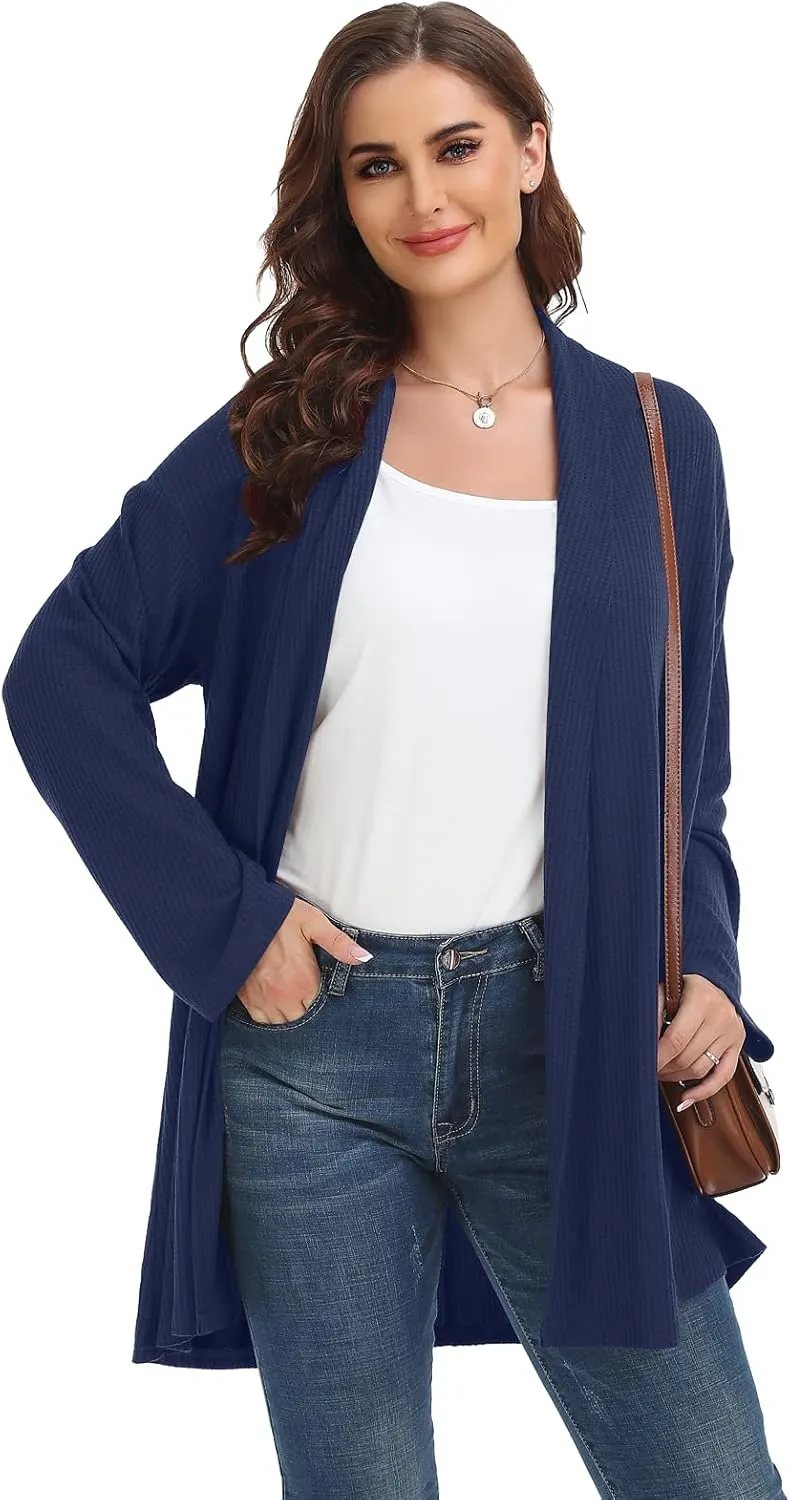 MONNURO Plus Size Cardigan for Women Open Front Casual Lightweight Long Sleeve Waffle Knit Cardigan for Fall