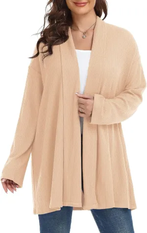 MONNURO Plus Size Cardigan for Women Open Front Casual Lightweight Long Sleeve Waffle Knit Cardigan for Fall