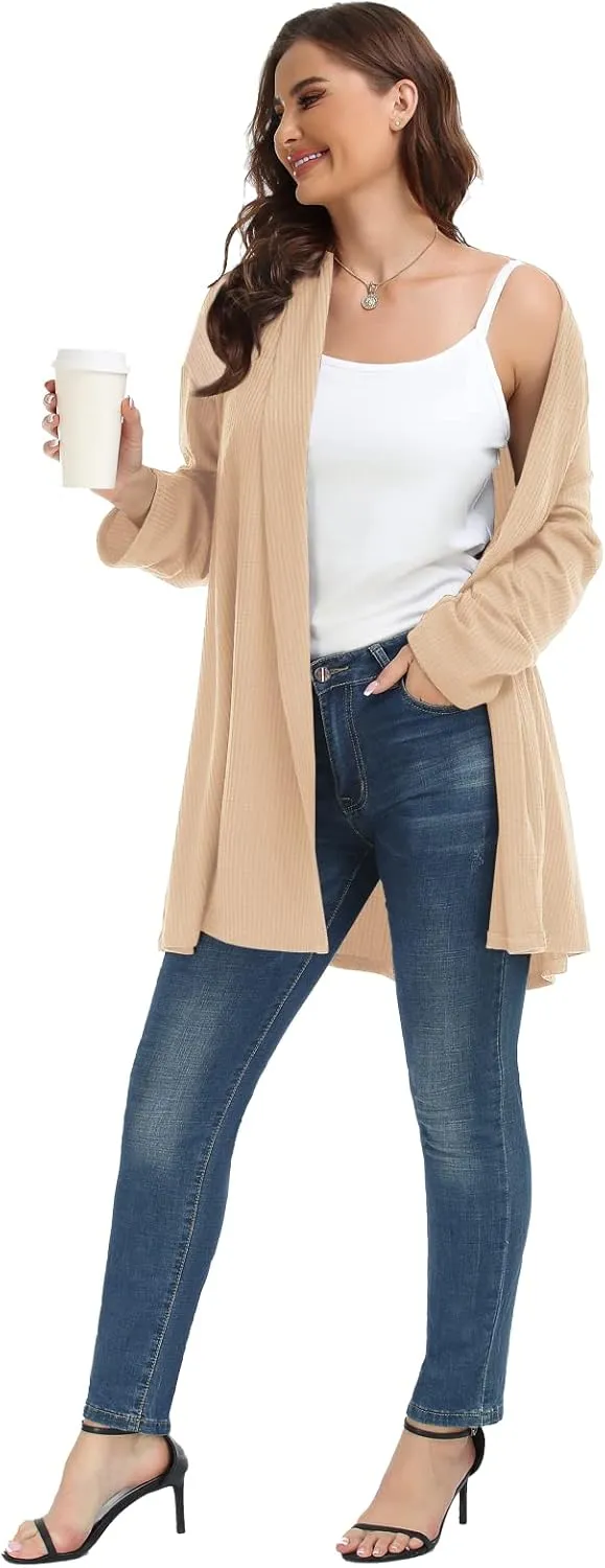 MONNURO Plus Size Cardigan for Women Open Front Casual Lightweight Long Sleeve Waffle Knit Cardigan for Fall